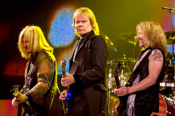 Styx (left to right) bassist Ricky Phillips, guitarists and vocalists James Young and Tommy Shaw perform at their concert at the ShoWare Center in Kent. (Photo By: Scott Eklund/Red Box Pictures)