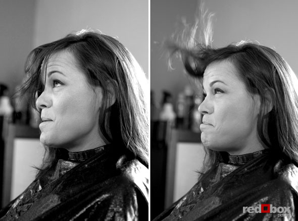 Michelle at the salon on the morning of the wedding. (Photo By: Scott Eklund/Red Box Pictures)