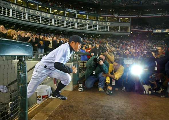 I have two favorite Ichiro pictures, so you get to see them both, here he runs onto the field as he is introduced on opening day of the 2006 season. (Scott Eklund/Seattle Post-Intelligencer)