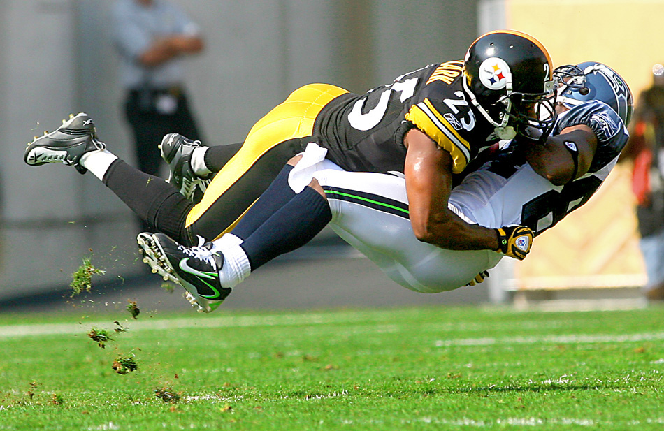 2008 winner Seahawks' reciever Bobby Engram is leveled by Pittsburgh safety Ryan Clark after a catch in the first quarter as the Steelers shutout Seattle Seahawks 21-0 at Heinz Field in Pittsburgh, PA in 2007. (Scott Eklund/Seattle Post-Intelligencer)