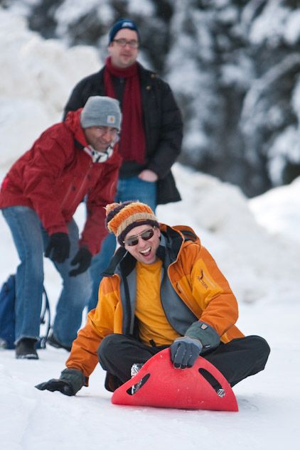 Steve rides the crazy carpet down a slope toward Lake Louise. (Photography by Scott Eklund/Red Box Pictures)