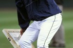 1995 SSY winner Mariners' manager Lou Piniella throws first base in a fit of rage after a bad call cost him a game in the 2002 season. (Dan DeLong/Seattle Post-Intelligencer)