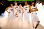 2010 nominee Swin Cash (far right) along with the rest of her the Seattle Storm high profile starting five (from left to right) Sheryl Swoopes, Lauren Jackson (2003 winner), Sue Bird (2002 winner), Yolanda Griffith and Cash photographed at Key Arena in Seattle.(Scott Eklund/Seattle Post-Intelligencer)