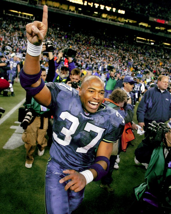 Seems like a while ago as 2005 Sports Star of the Year Running back Shaun Alexander ran onto the field after time expired at the NFC Championship game won by the Seattle Seahawks over the Carolina Panthers at Qwest Field. (Scott Eklund/Seattle Post-Intelligencer)