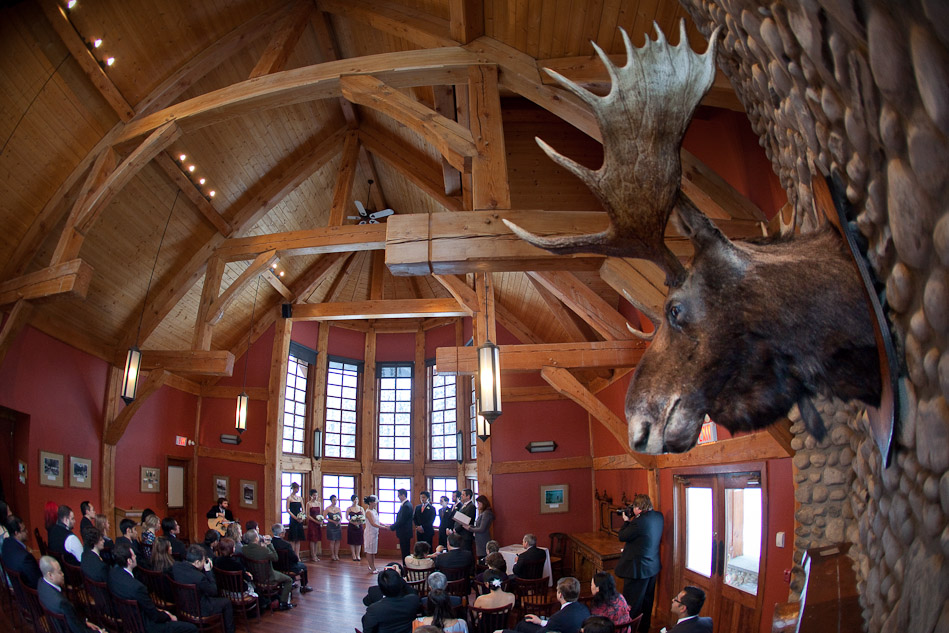 A moose trophy looks over the wedding ceremony of Karen and Steve at Emerald Lake Lodge in Yoho National Park, Canada. (Photo by Andy Rogers/Red Box Pictures)