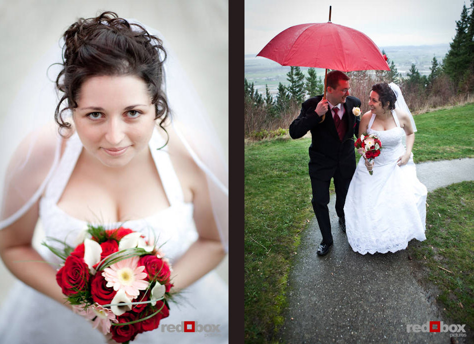 Left- Bride Marilee is all set to be married at the Hillcrest Lodge in Mt. Vernon, WA. Right- After seeing his bride for the first time at the top of Little Mountain in Mt. Vernon, WA, Phil holds an umbrella for her as they try to stay dry. (Photos by Andy Rogers/Red Box Pictures)