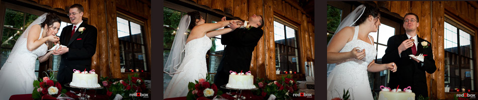 Phil and Marilee have fun with the cake cutting after being married at Hillcrest Lodge in Mt. Vernon, WA. (Photography by Rob Sumner / Red Box Pictures)