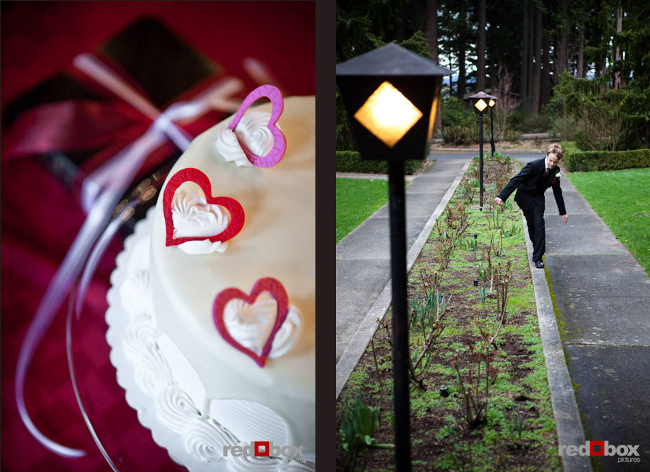 Left - Marilee and Phil's wedding cake sits next to a Bible given to them during their ceremony at Hillcrest Lodge in Mt. Vernon, WA. Right- A guest balances in front of Hillcrest Lodge. (Photos by Andy Rogers/Red Box Pictures)