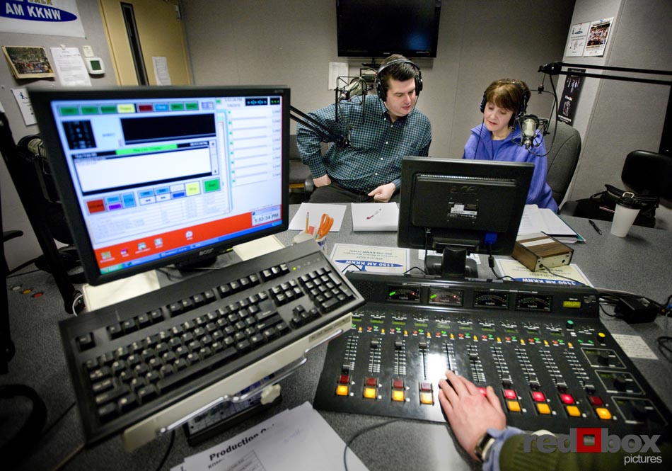 Nearlywed radio Gayle O'Donnell (right) and Greg Lowder in the studio for their first show. (Photography by Scott Eklund/Red Box Pictures) 