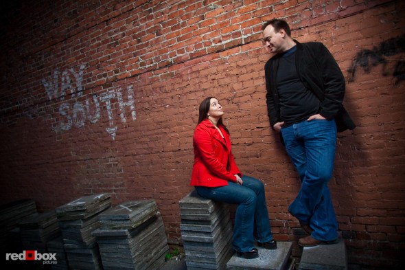 Tara and Brian's engagement portrait in Old Ballard neighborhood of Seattle. (Photography by Andy Rogers/Red Box Pictures)