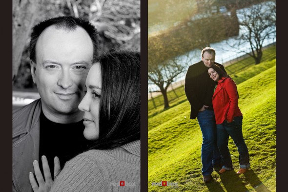 Tara and Brian among the trees at the Ballard Locks for engagement portraits. (Photos by Andy Rogers/Red Box Pictures)