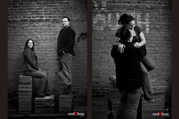Tara and Brian's engagement photos in Ballard by a brick wall. (Photo by Andy Rogers/Red Box Pictures)