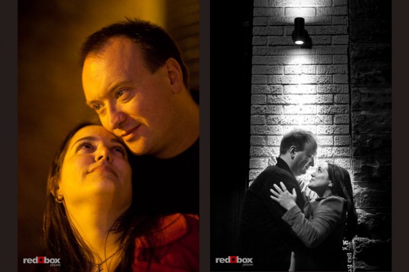 Tara and Brian on the streets of the Old Ballard neighborhood of Seattle during their engagement portrait session. (Photos by Andy Rogers/Red Box Pictures)
