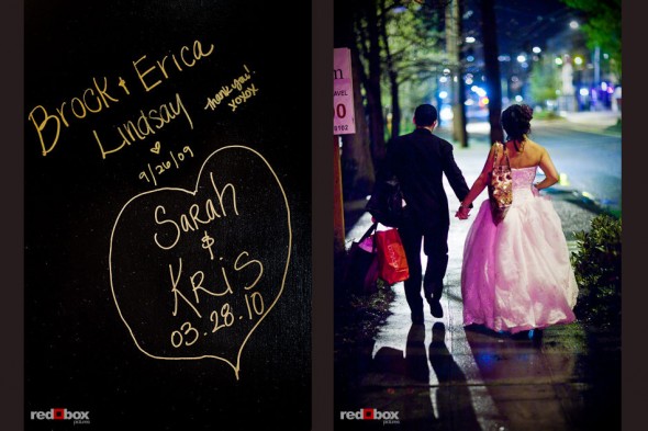 Sarah signed the wall at the Lake Union Cafe and the bride and groom walk to their car after the wedding in Seattle. (Photo by Andy Rogers/Red Box Pictures)