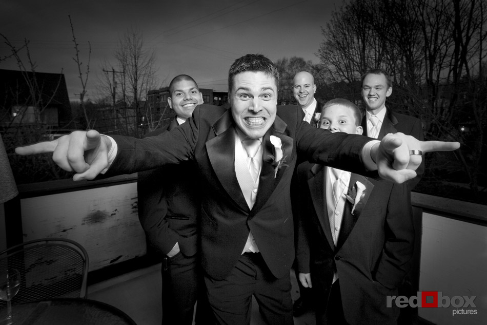 The groom rocks during this portrait at his Seattle wedding on Capitol Hill at the Bacon Mansion. Red Box Pictures Wedding Photographer Scott Eklund