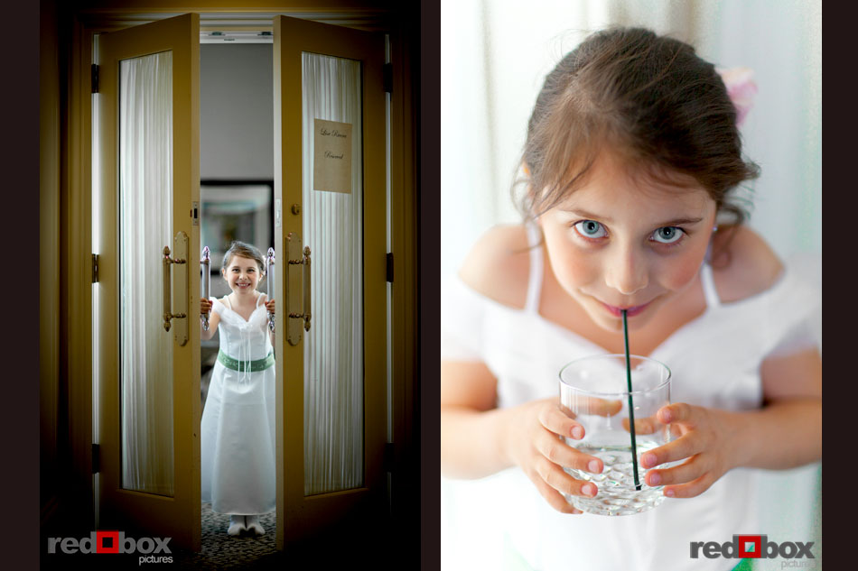 The daughter of the bride and flower girl gets ready to head to the wedding ceremony at the Golf Club at Newcastle near Seattle. (Wedding Photography/Scott Eklund/Red Box Pictures)