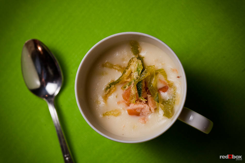 Potato Leek Soup topped with fried leeks and smoked salmon by A Grand Affaire Catering was served at the Seattle Scottish Rite Masonic Center in Shoreline, WA during an open house on Wed. March 31, 2010. (Photography by Red Box Pictures)
