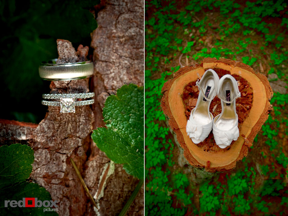 The wedding rings and brides shoes at Kitsap Memorial State Park wedding in
