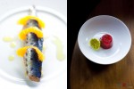 Marinated sardines with shaved fennel (left) and strawberry gelee with white chocolate and strawberry sauce at Bisato Restaurant in Seattle. (Scott Eklund/Red Box Pictures/ Seattle Food Photographers)