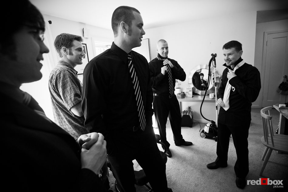 Shawn and his groomsmen get ready in West Seattle prior to his wedding at the Georgetown Ballroom in Seattle. (Photo by Dan DeLong/Red Box Pictures)