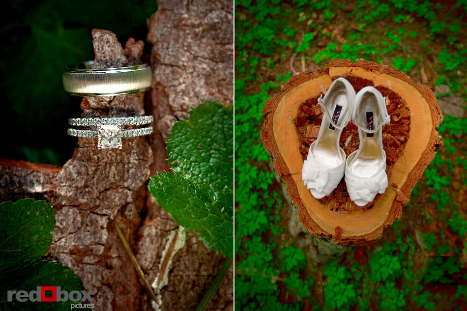 The wedding rings and brides shoes at Kitsap Memorial State Park wedding in Poulsbo, WA.  Seattle Wedding Photographers Red Box Pictures Scott Eklund
