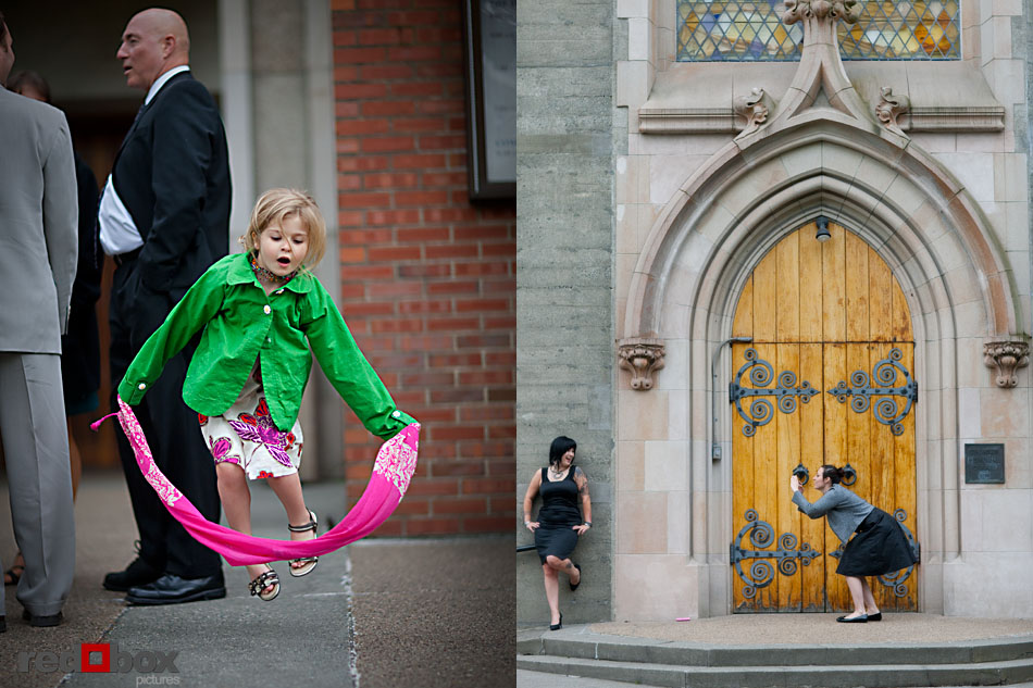 A little girl jumps over her scarf (left) as friends take pictures outside the wedding at St. Mark's Cathedral in Seattle, Wash. Wedding Photography Red Box Pictures Scott Eklund
