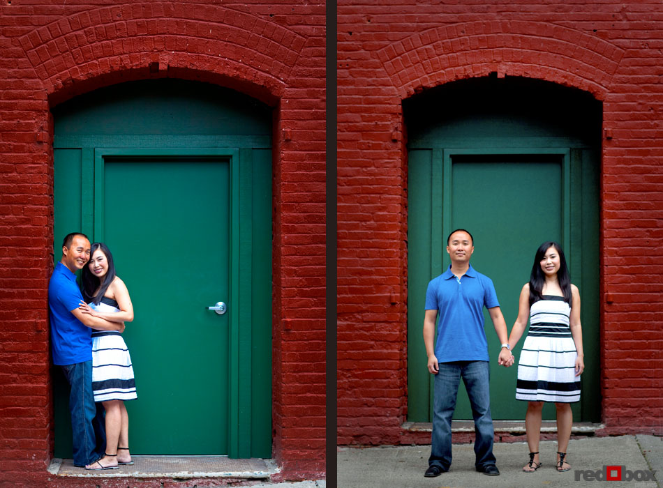 Engagement session in a doorway in Pioneer Square in Seattle, WA. Photography by Scott Eklund Red Box Pictures