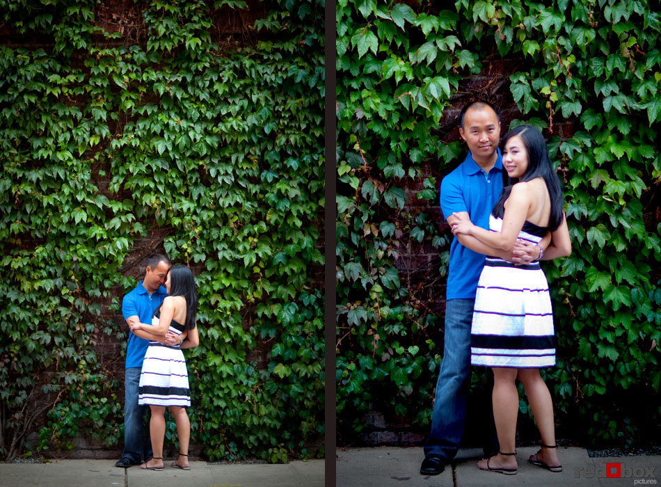 Engagement session in an alley with an ivy covered wall near Pioneer Square in Seattle, WA. Photography by Scott Eklund Red Box Pictures