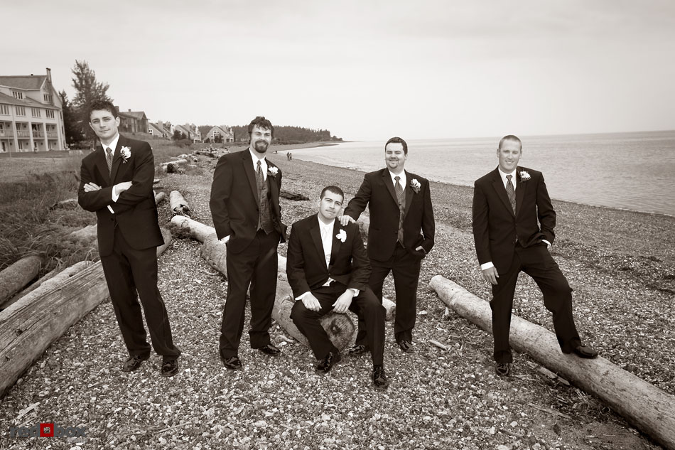 The groom and groomsmen on the beach at Semiahmoo Resort in Blaine, WA. Seattle Wedding Photographer Scott Eklund Red Box Pictures
