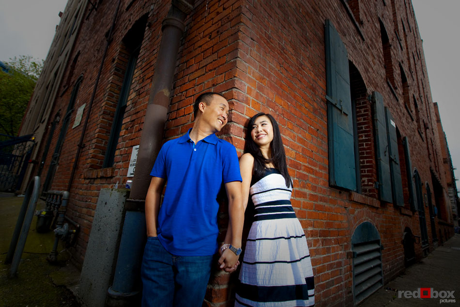 Engagement session in an alley in Pioneer Square in Seattle, WA. Photography by Scott Eklund Red Box Pictures