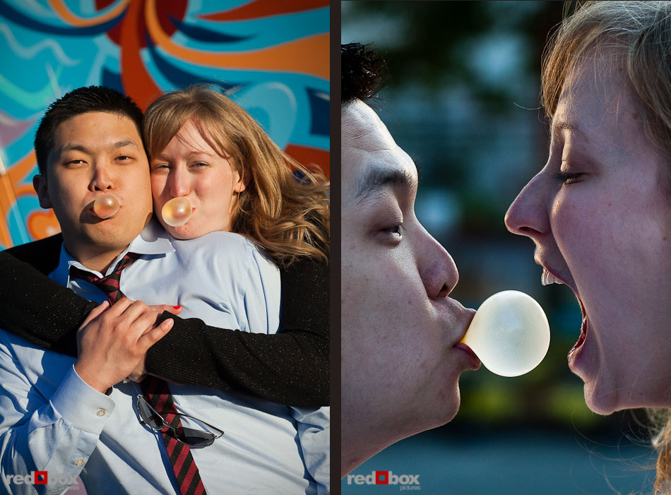 Jenny and Eugene blow bubbles during their engagement session at Seattle Center Friday, June 11, 2010. (Photo by Andy Rogers/Red Box Pictures)