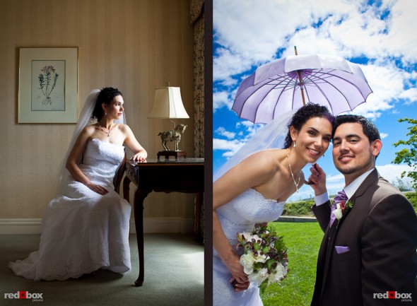 Laura in her Seattle hotel room and Laura and Nathan pose for a wedding day portrait at the Sculpture Park in Seattle. (Photo by Dan DeLong/Red Box Pictures)