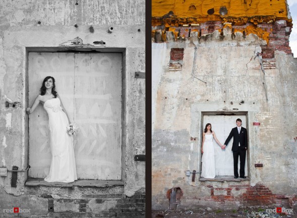 Bride Kate and groom Dan pose for portraits outside the Georgetown Studios in Seattle. (Photo by Dan DeLong/Red Box Pictures)