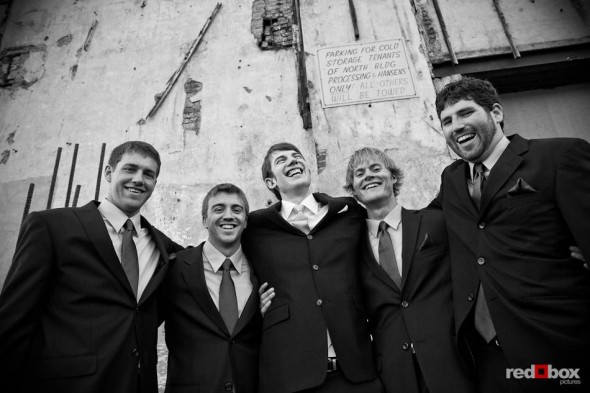Dan and his groomsmen share a laugh before his wedding to Kate at the Georgetown Studios in Seattle. (Photo by Dan DeLong/Red Box Pictures)