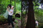 Rory helps Nobuyo jump down from a log and the couple stand among the trees in Seward Park during their engagement portrait session in Seattle. (Photography by Andy Rogers/Red Box Pictures)