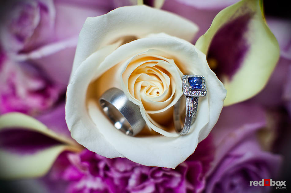 Kate and Dan's wedding rings are photographed in her bouquet at the Georgetown Studios in Seattle. (Photo by Dan DeLong/Red Box Pictures)
