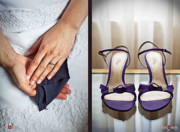 Laura holds a momento and detail of her wedding shoes before her wedding at the Novelty Hill Januik Winery in Woodinville. (Photo by Dan DeLong/Red Box Pictures)