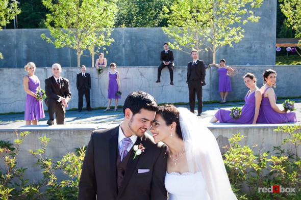 Laura and Nathan and their wedding party at the Novelty Hill Januik Winery in Woodinville. (Photo by Dan DeLong/Red Box Pictures)