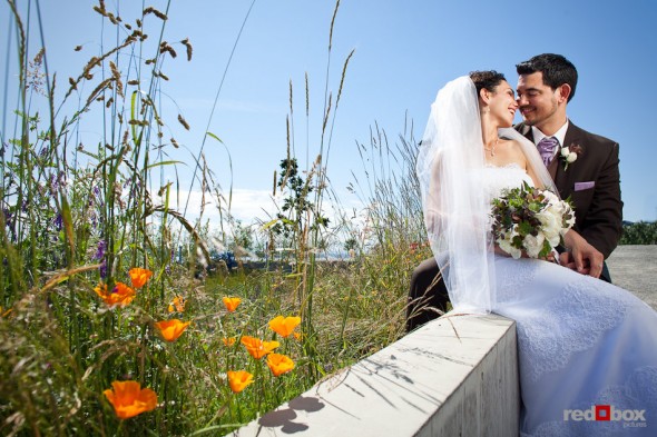 Laura and Nathan enjoy the Seattle Art Museum Sculpture Park before their wedding. (Photo by Dan DeLong/Red Box Pictures)
