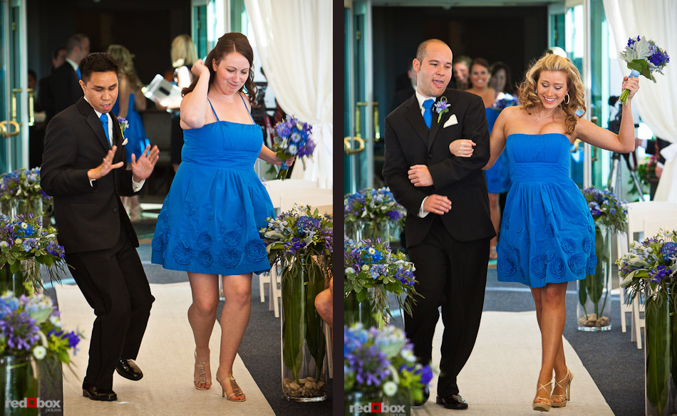 The Groomsmen and Bridesmaids dance to the Black Eyed Peas as they walk down the aisle during the wedding ceremony at the Woodmark Hotel in Kirkland, WA. (Photography by Andy Rogers/Red Box Pictures)