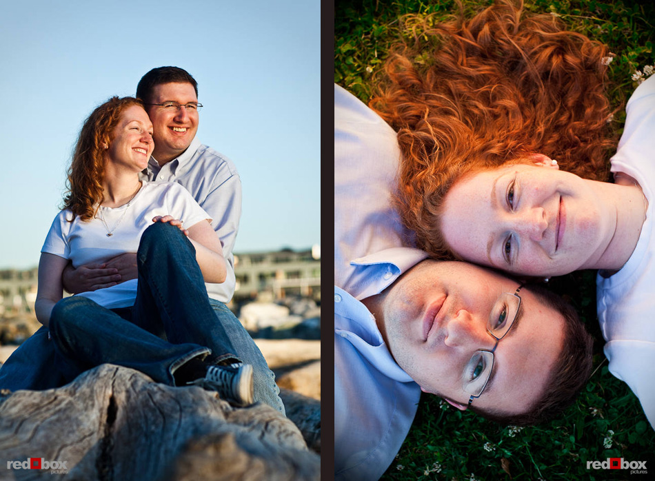 Katherine and Bryan watch the sunset over Elliott Bay during their engagement session at Myrtle Edwards Park in Seattle. (Photo by Dan DeLong/Red Box Pictures)