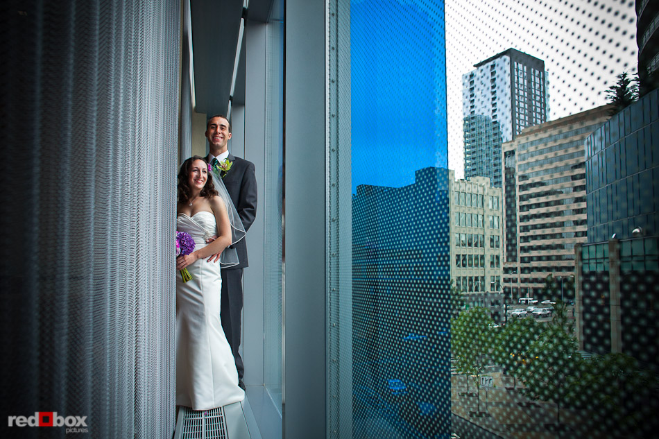 Emily and Will at the Hyatt Olive 8 Hotel prior to their wedding at Volunteer Park and reception at The Harbor Club Seattle. (Photo by Andy Rogers/Red Box Pictures)