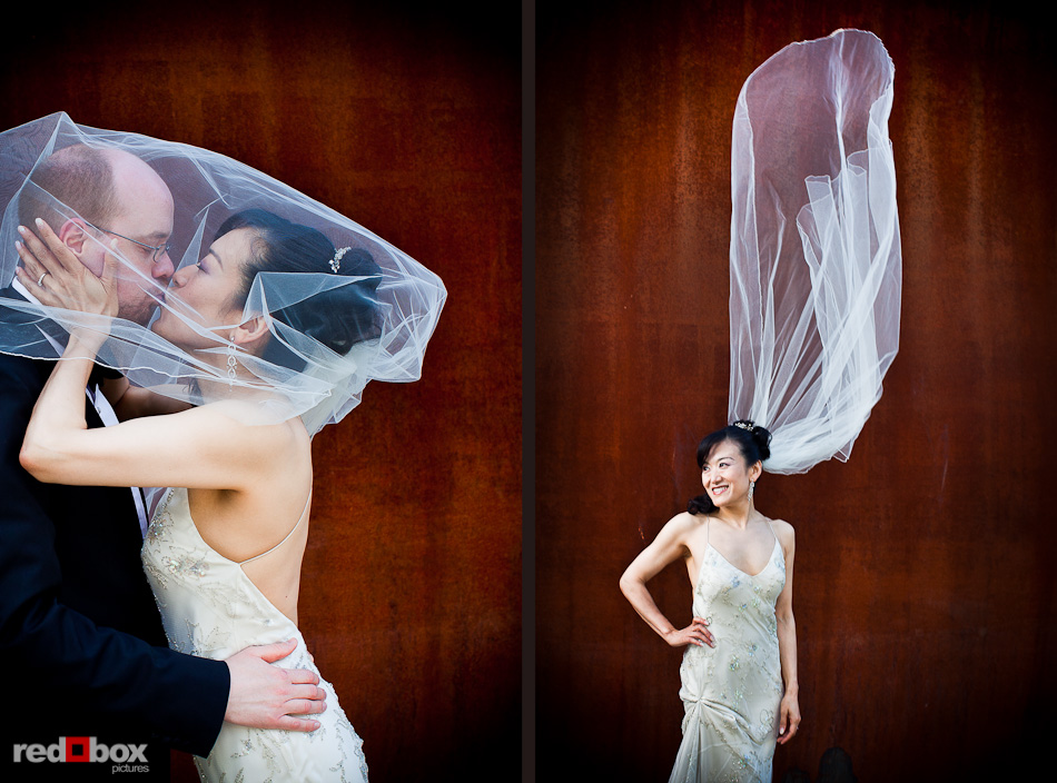 Nobuyo and Rory at the Seattle Art Museum (SAM) Olympic Sculpture Park prior to their wedding aboard the Virginia V steam ship in Seattle. Photos by Seattle wedding photographer Andy Rogers of Red Box Pictures