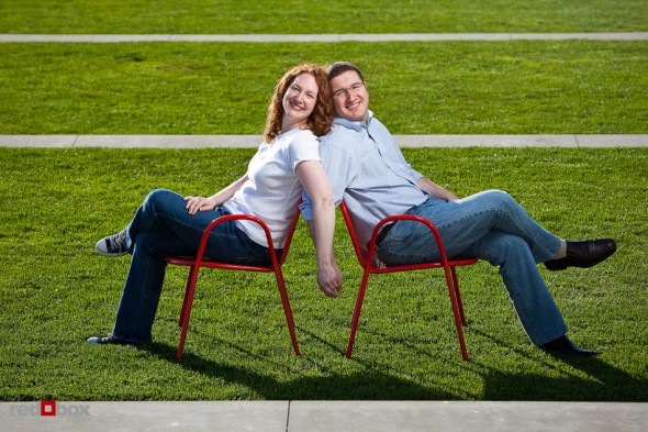 At the Seattle Art Museum's Olympic Sculpture Park, Katherine and Bryan pose for an engagement photo in Seattle. (Photo by Dan DeLong/Red Box Pictures)