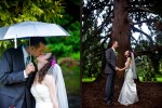 Emily and Will kiss following their wedding ceremony at Volunteer Park in Seattle. (left) Emily and Will stand underneath one of the huge cedars in Volunteer Park. (Photo by Andy Rogers/Red Box Pictures)