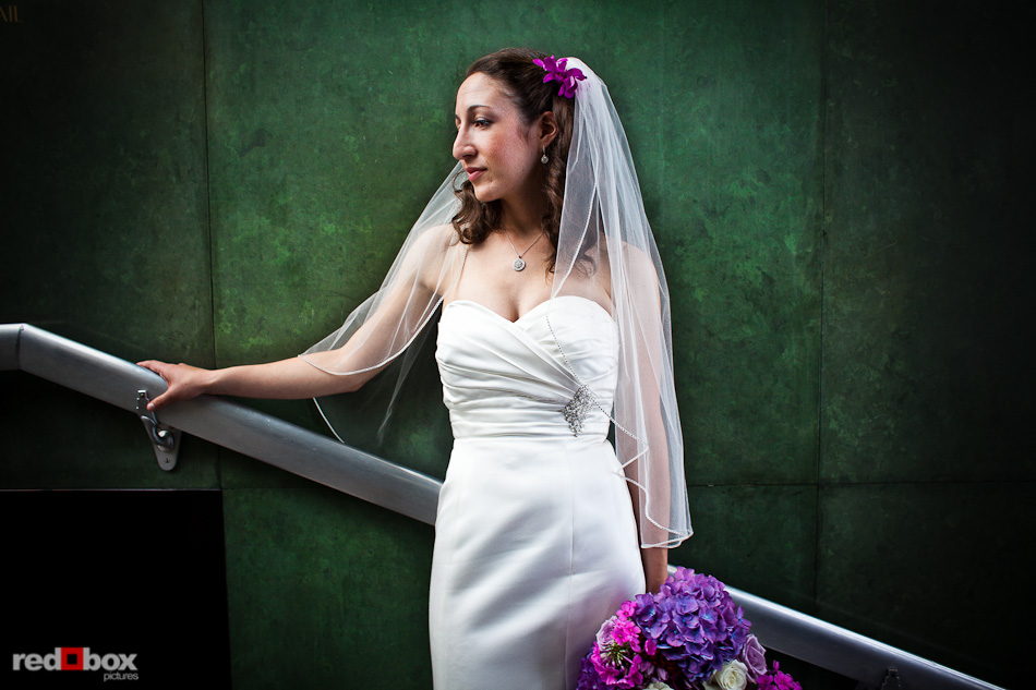 Emily in the stairwell at the Seattle Asian Art Museum prior to her wedding at Volunteer Park in Seattle. (Photo by Andy Rogers/Red Box Pictures)