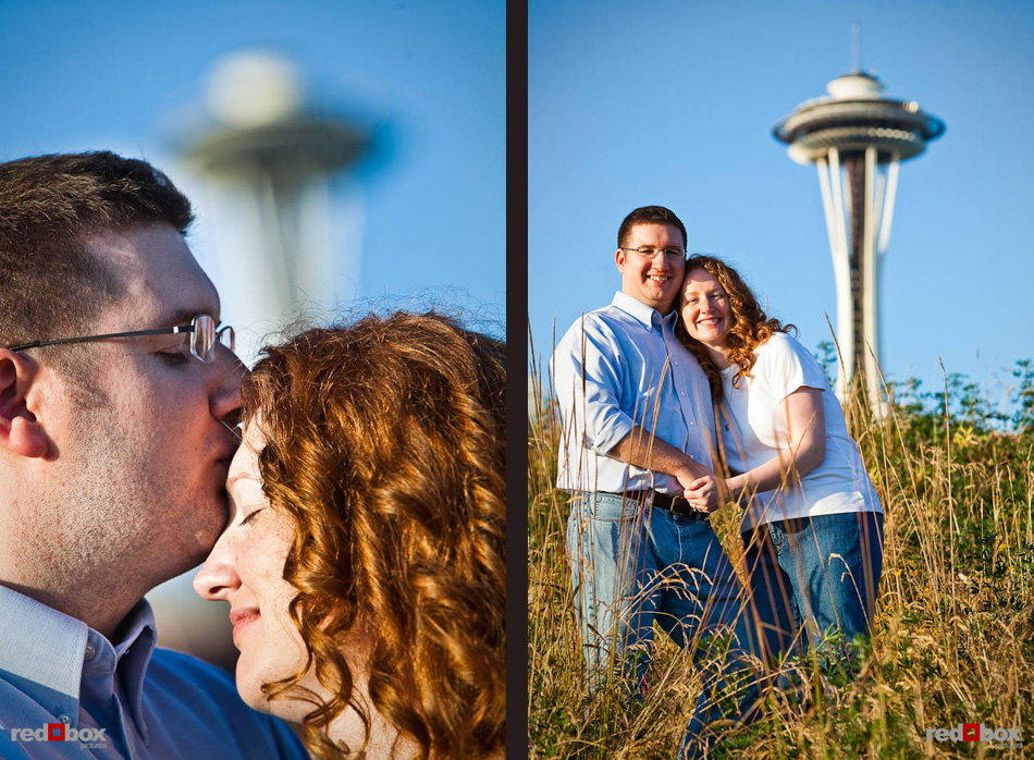 The Space Needle looms behind Katherine and Bryan during their engagement portrait session in Seattle. (Photo by Dan DeLong/Red Box Pictures)