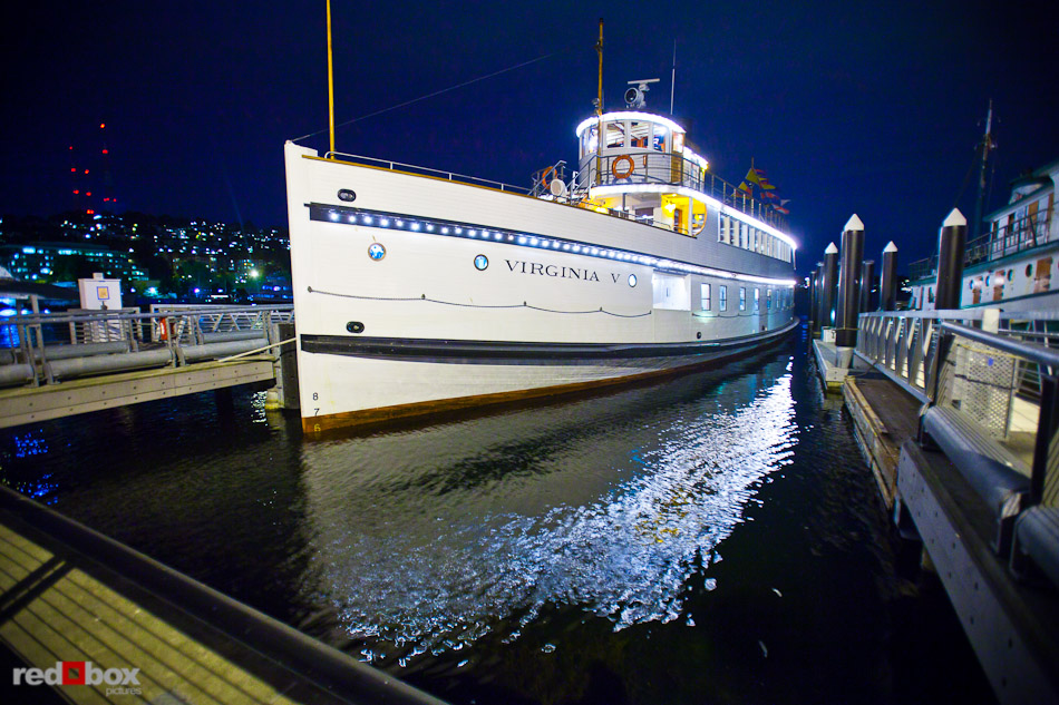 The Virginia V is docked in South Lake Union in Seattle following Nobuy and Rory's wedding and reception. Photo by Seattle wedding photographer Andy Rogers of Red Box Pictures.