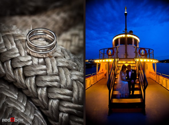 The couple's wedding bands. Nobuyo and Rory spend a quiet moment on the deck of the Virginia V steam ship during their wedding reception on Lake Washington in Seattle. Photo by Seattle wedding photographer Andy Rogers of Red Box Pictures.