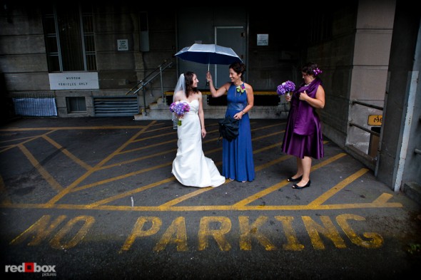 Emily waits with her mother and sister outside of the Seattle Asian Art Museum for her Volunteer Park wedding to begin in Seattle. (Photo by Andy Rogers/Red Box Pictures)